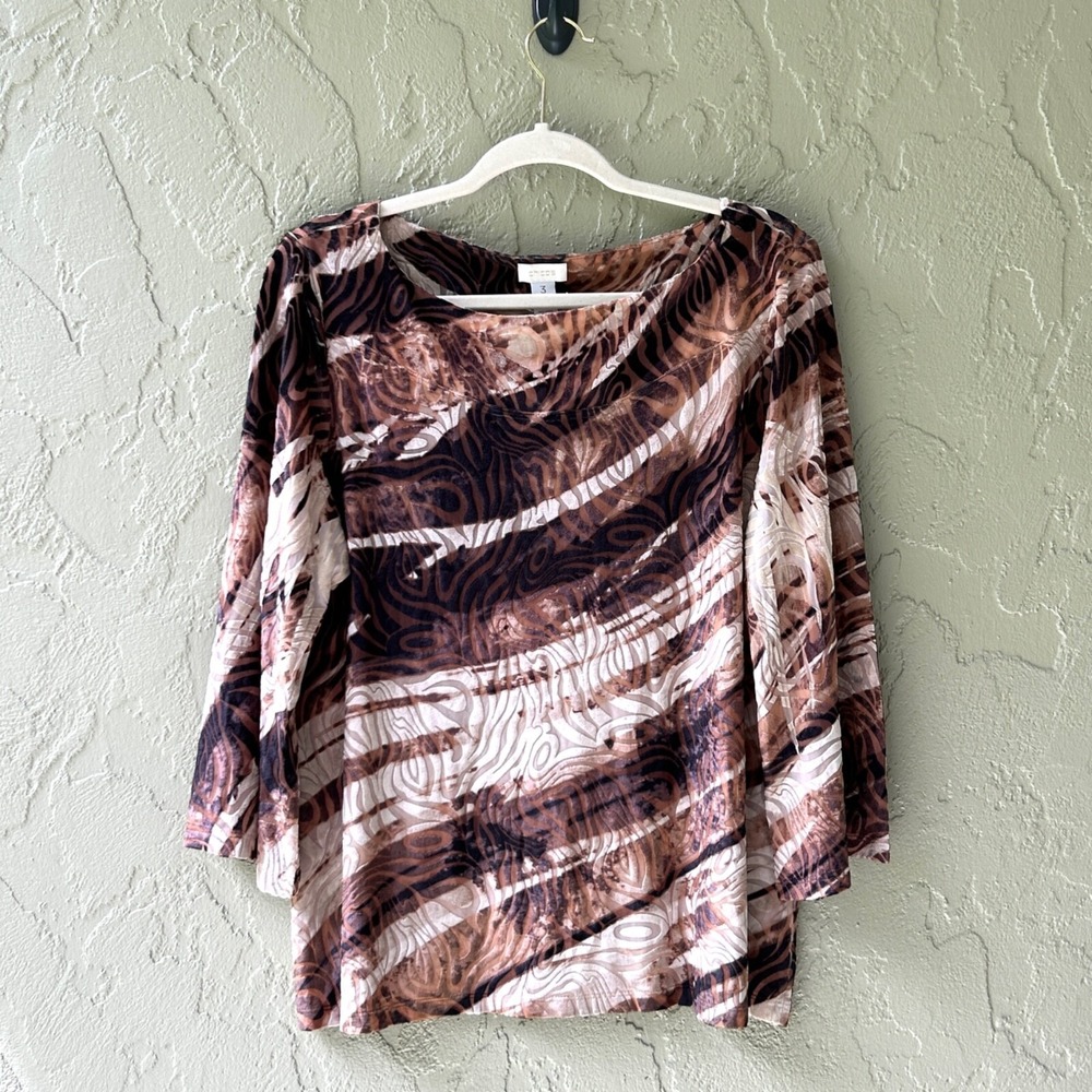 Chico's Women's 3 Brown Multi XL 3/4 Sleeves Striped Velvet Tanya Blouse Top NWT